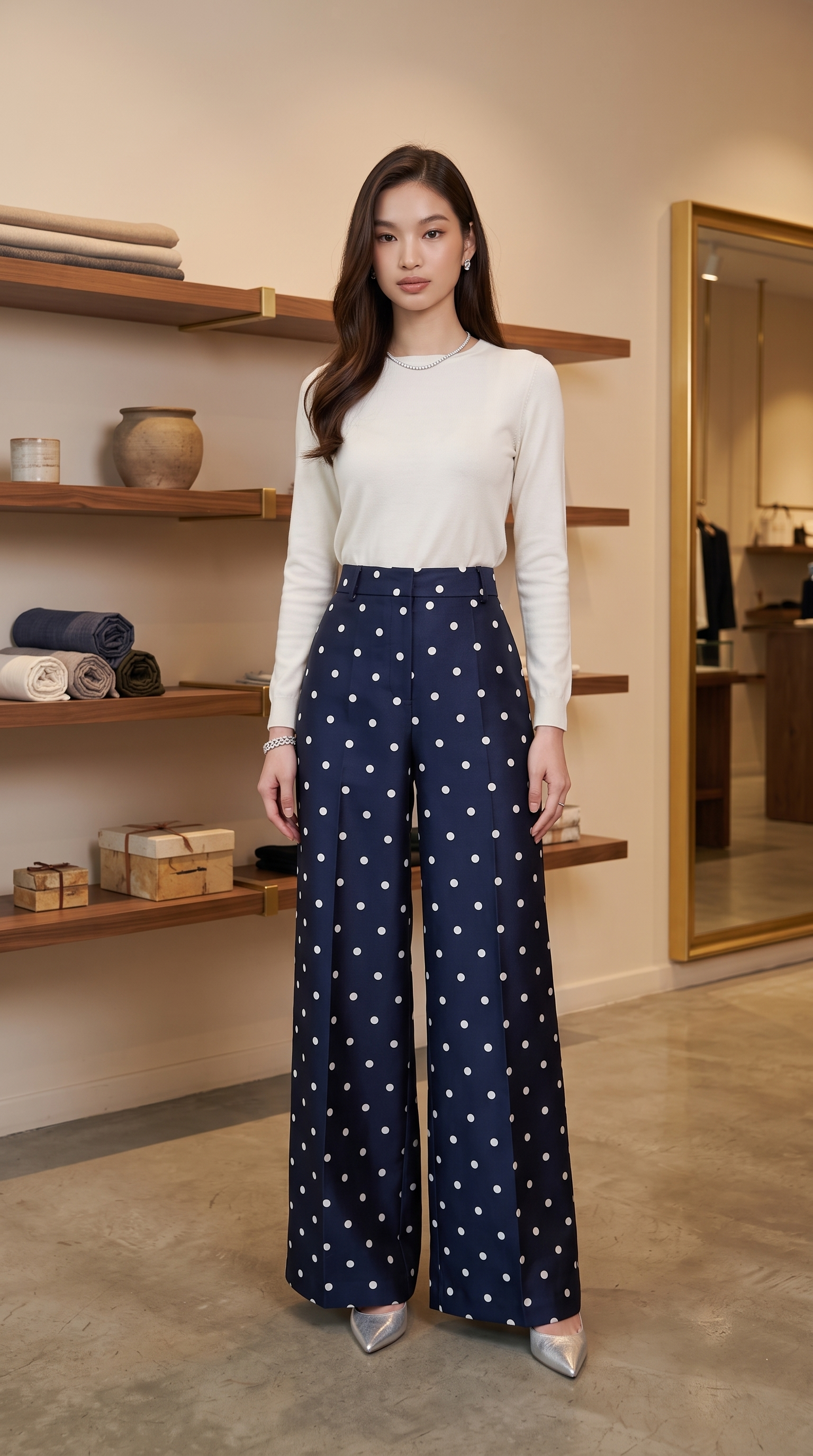 Pantaloni Palazzo a Pois - Navy Blue
