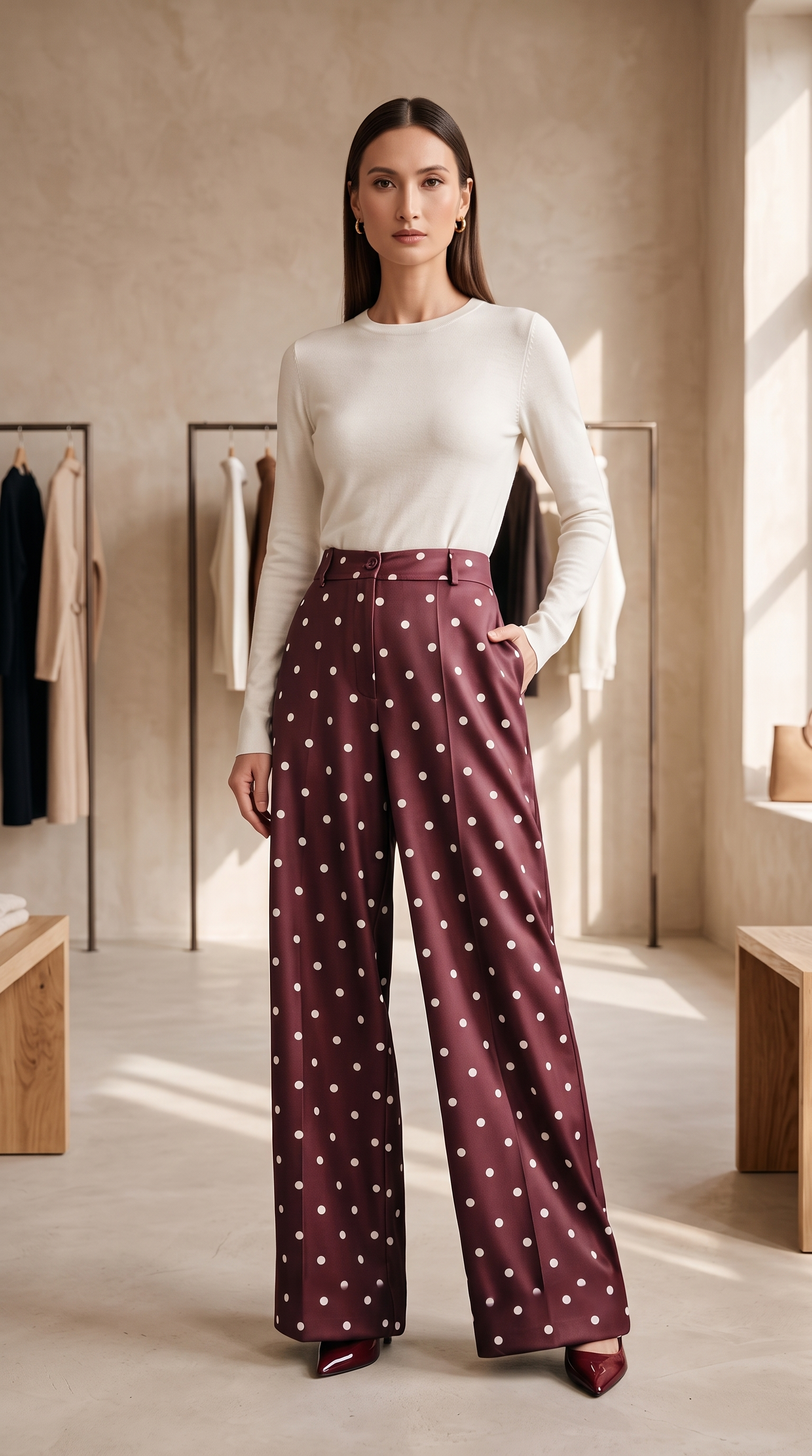 Pantaloni Palazzo a Pois - Wine Red